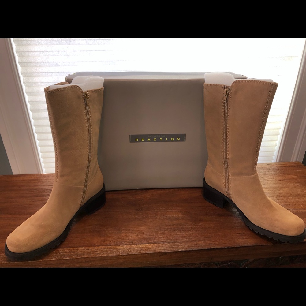 Suede mid-calf camel boots
